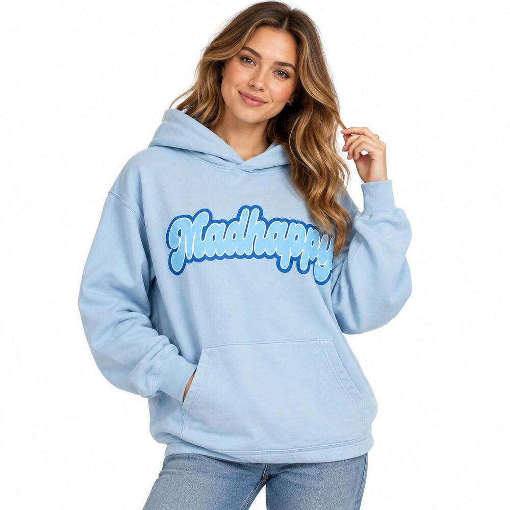 Madhappy Small Hoodie Sweatshirt College School Gift Light Blue Logo Streetwear